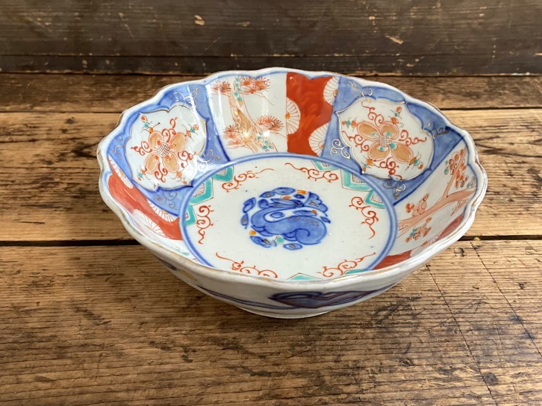 能登蔵出し 時代物 色絵 金彩 クルス窓絵文 輪花 大なます皿 2客/深皿