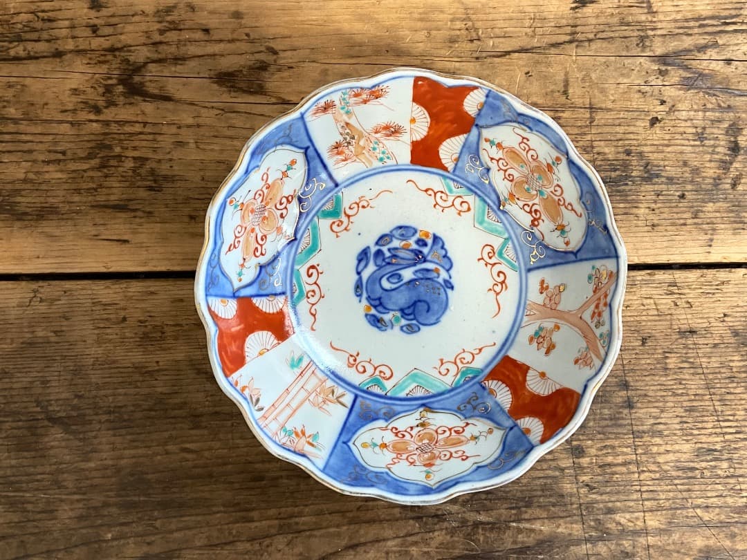 能登蔵出し 時代物 色絵 金彩 クルス窓絵文 輪花 大なます皿 2客/深皿