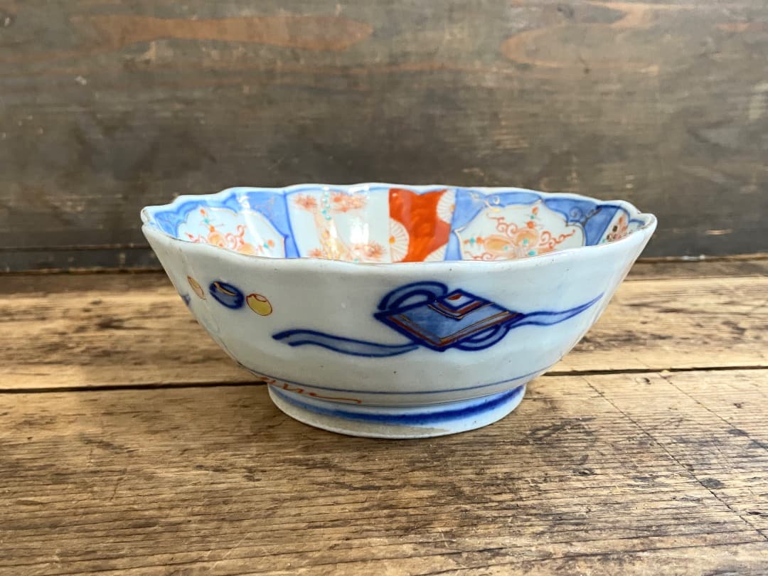 能登蔵出し 時代物 色絵 金彩 クルス窓絵文 輪花 大なます皿 2客/深皿