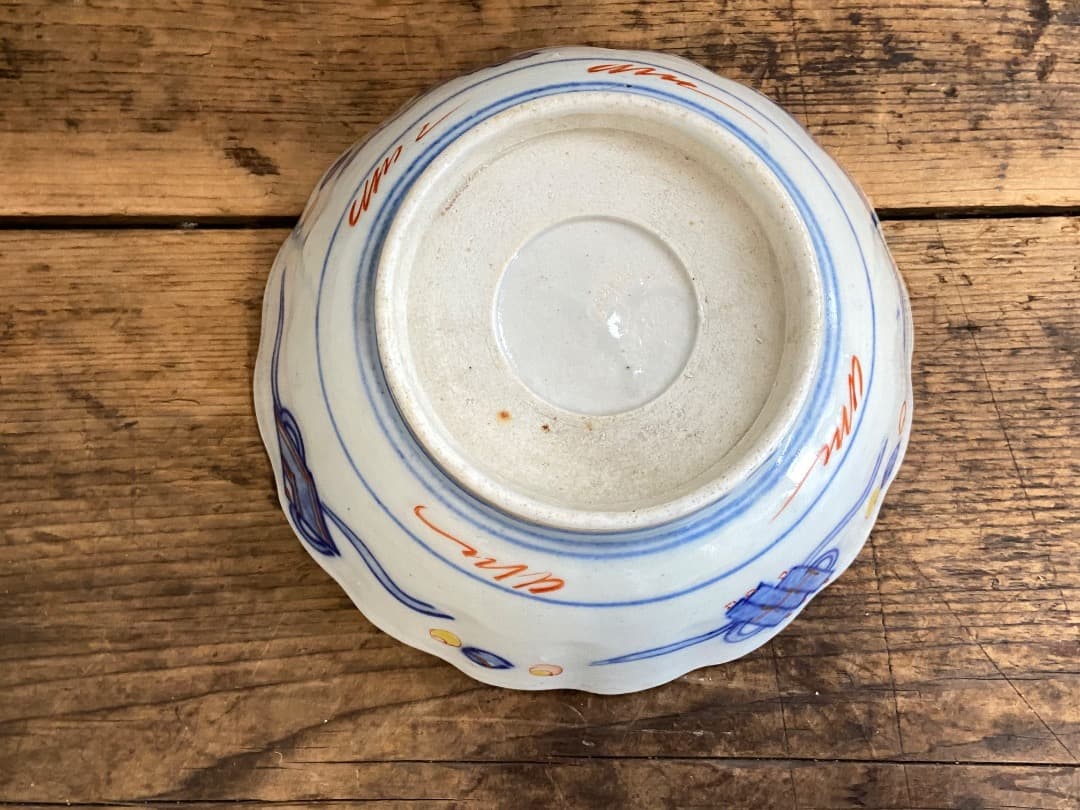 能登蔵出し 時代物 色絵 金彩 クルス窓絵文 輪花 大なます皿 2客/深皿