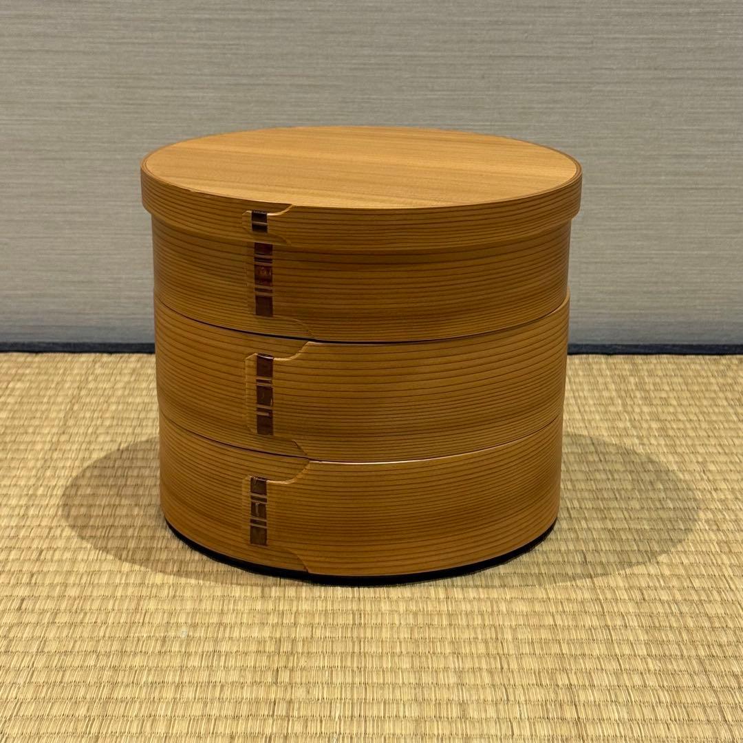 未使用 大館工芸社 曲げわっぱ 三段重 重箱 内朱 弁当箱 秋田杉 菓子器