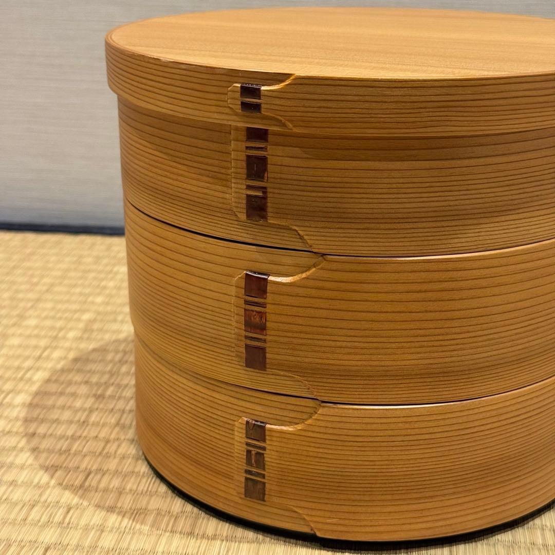 未使用 大館工芸社 曲げわっぱ 三段重 重箱 内朱 弁当箱 秋田杉 菓子器