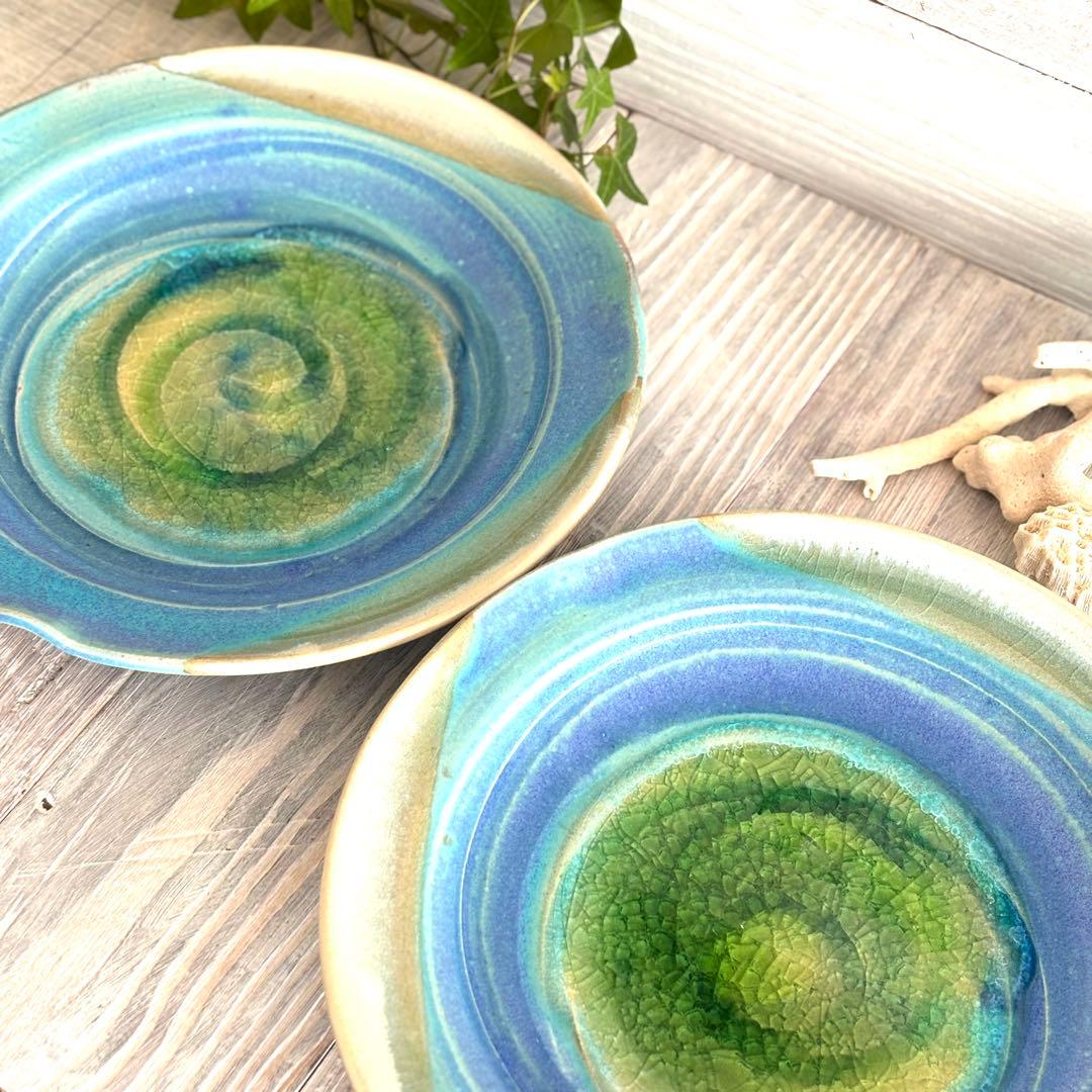 碧 フラワープレート パスタ皿 ターコイズ トルコブルー 2枚セット 益子焼