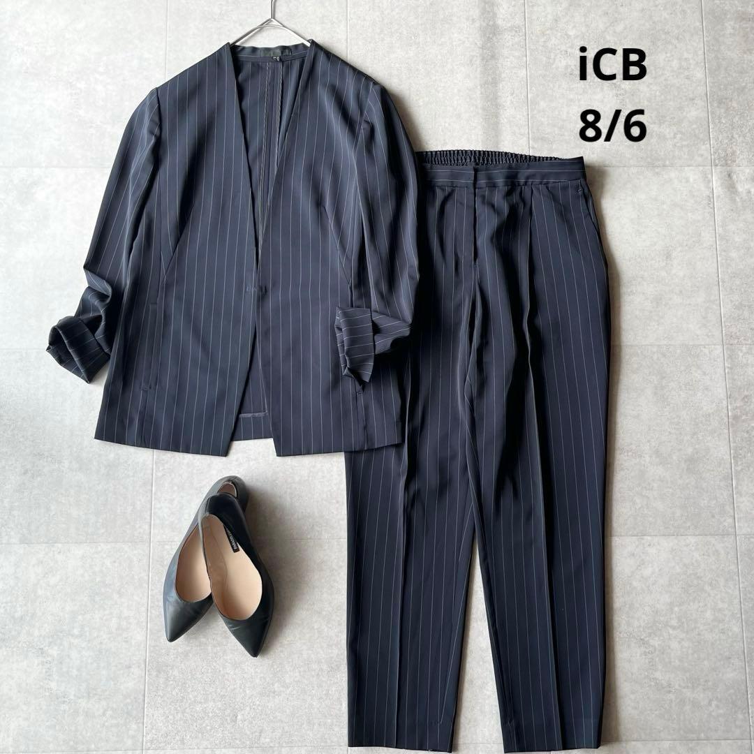 【大きいサイズ】iCB ノーカラー ストライプ パンツスーツ セットアップ