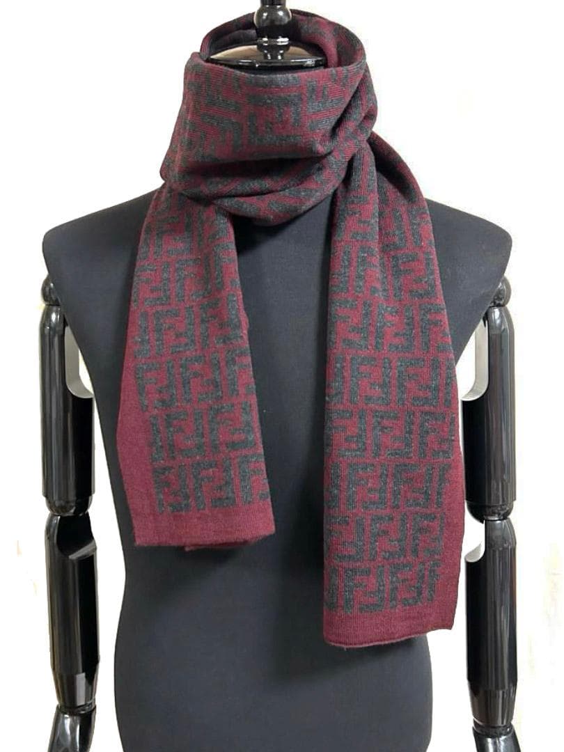 美品 フェンディ FENDI マフラー ウール FF柄 ダークグレーワインレッド