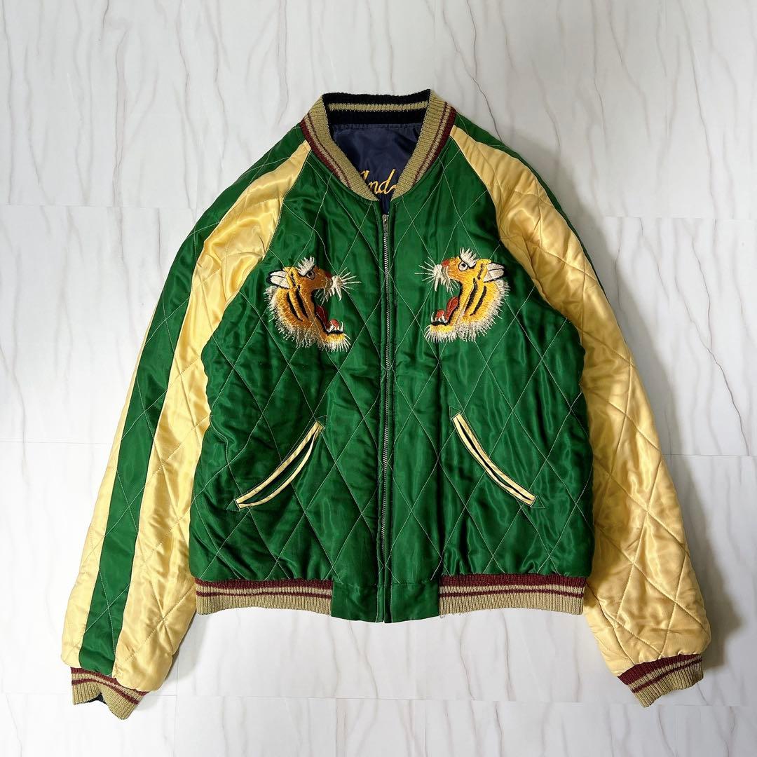 テーラー東洋 スカジャン リバーシブル キルティング 龍 虎 鷲 緑×紺 L