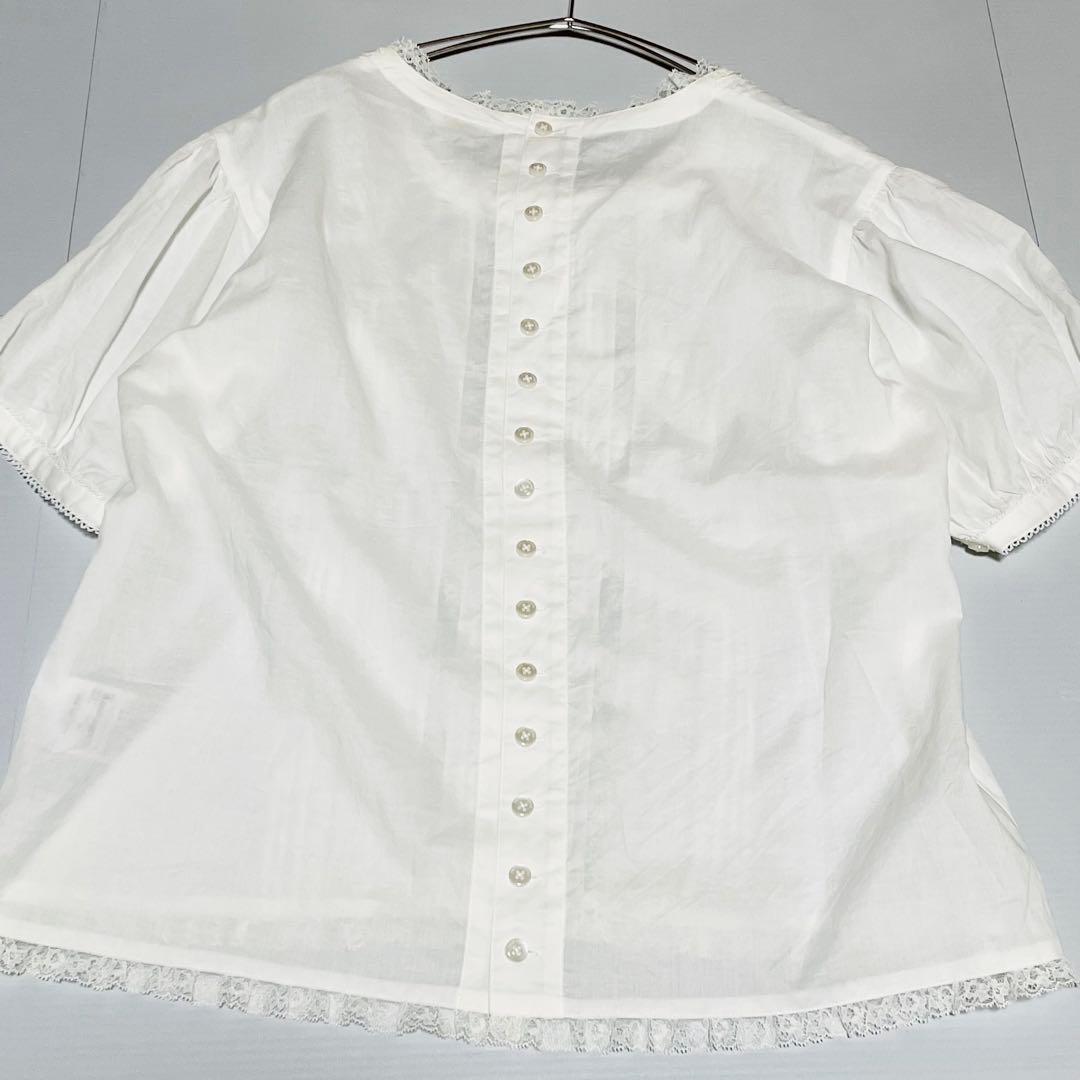 PINK HOUSE 綿レース半袖ブラウス ピンタック リボン パフスリーブ