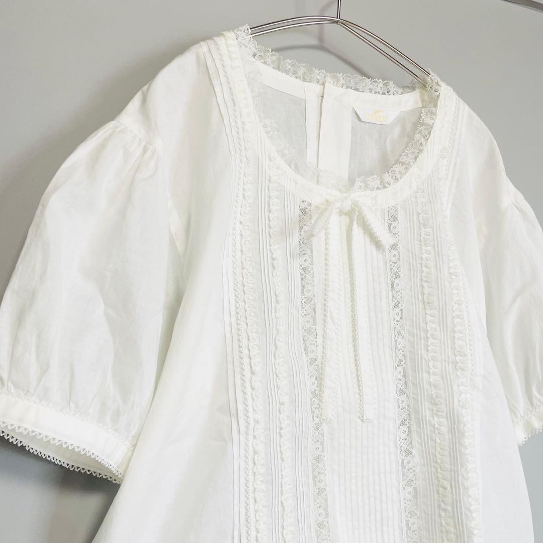 PINK HOUSE 綿レース半袖ブラウス ピンタック リボン パフスリーブ