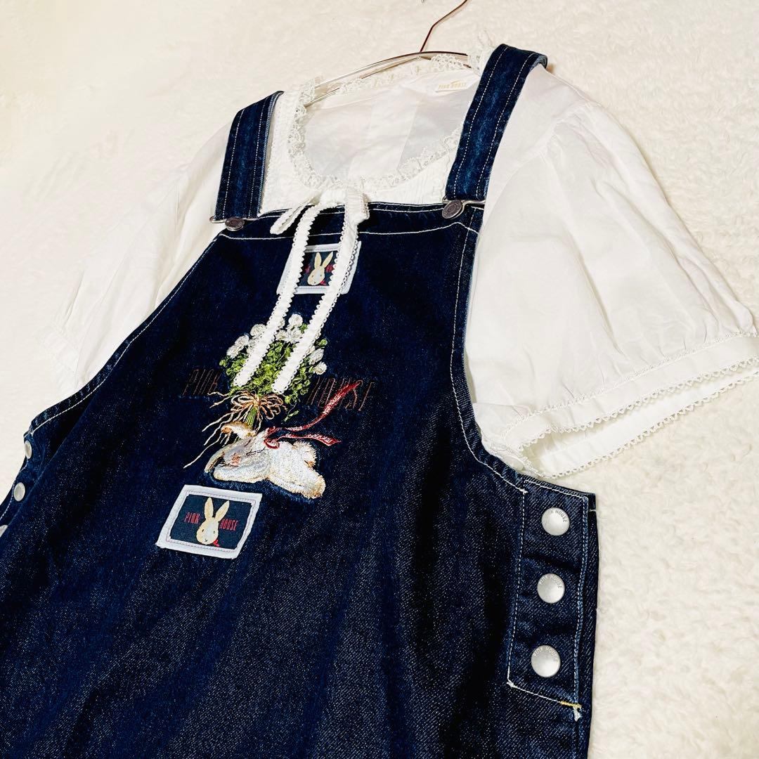 PINK HOUSE 綿レース半袖ブラウス ピンタック リボン パフスリーブ