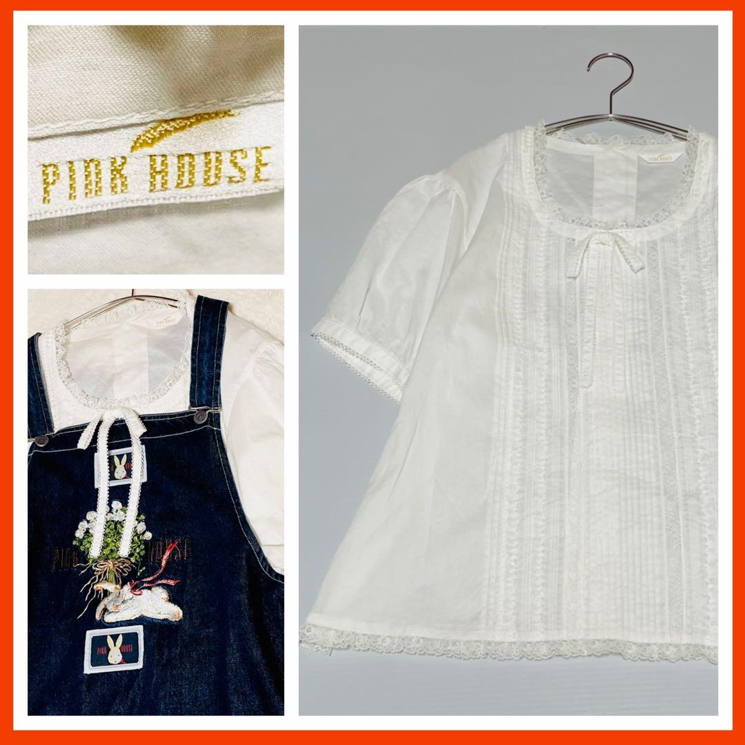 PINK HOUSE 綿レース半袖ブラウス ピンタック リボン パフスリーブ