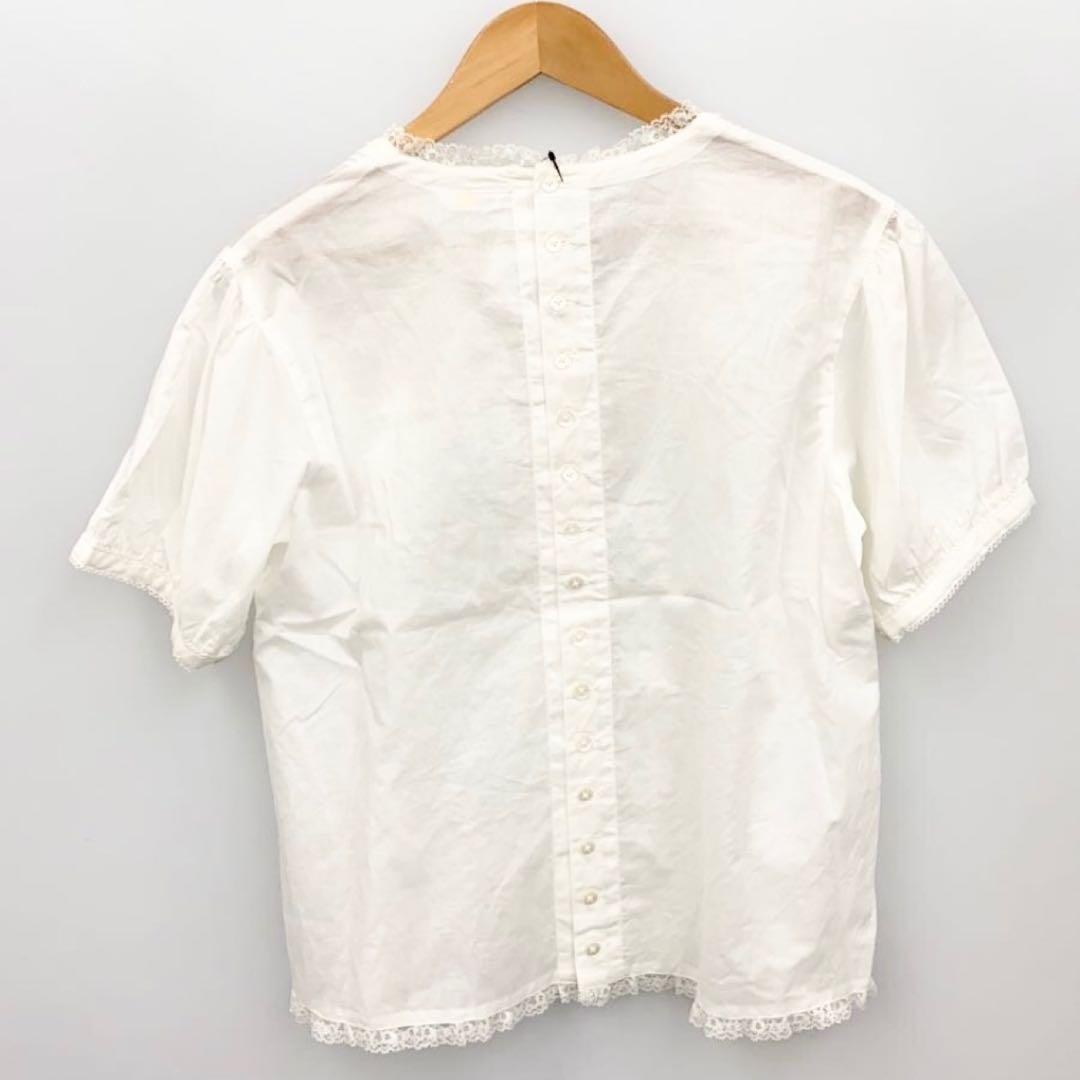 PINK HOUSE 綿レース半袖ブラウス ピンタック リボン パフスリーブ