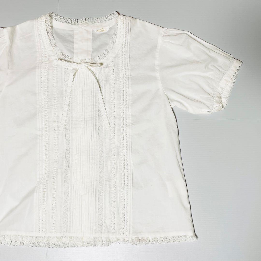 PINK HOUSE 綿レース半袖ブラウス ピンタック リボン パフスリーブ