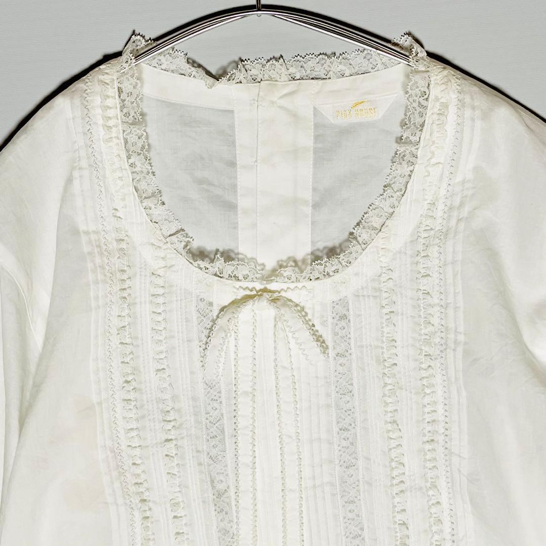 PINK HOUSE 綿レース半袖ブラウス ピンタック リボン パフスリーブ