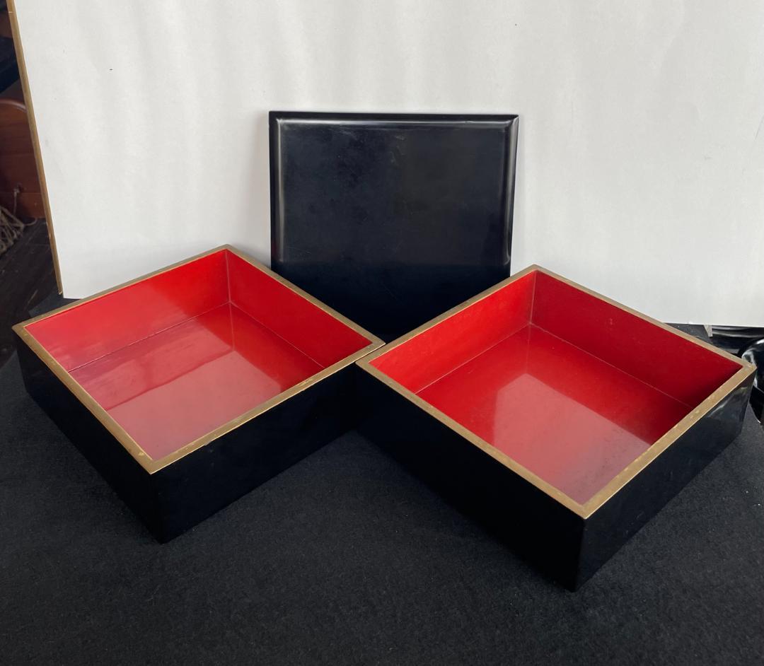 天然木 溜無地 五段重 蓋二枚 内朱塗 重箱 木箱入 木製 漆器 漆芸 骨董