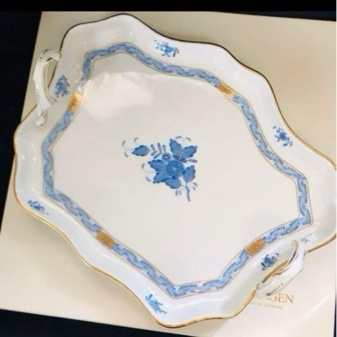 ヘレンド     アポニーブルー　持ち手付きトレイ