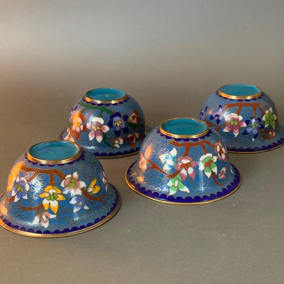 N401、中国古美術 景泰蓝 七宝焼 湯呑み ぐい呑 4客