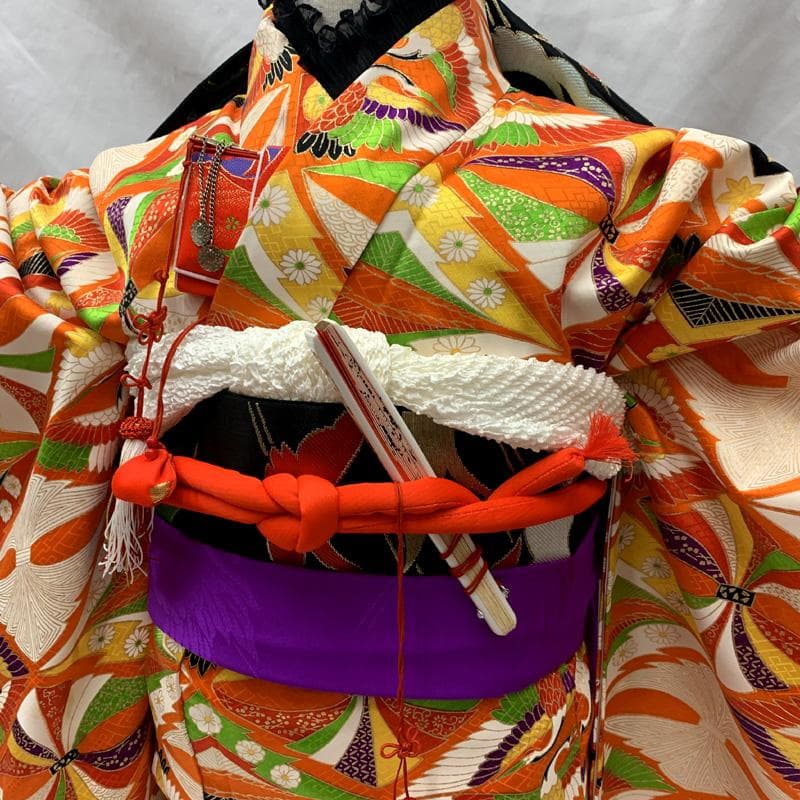 509ag2□七五三 七歳 女児 着物&六通袋帯 総柄 金彩 鶴菱文□美品