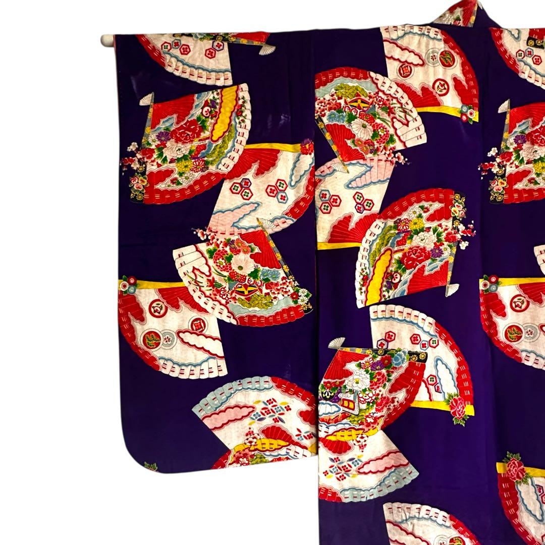 七五三 七歳 女の子 アンティーク着物 紫地 扇柄 写真撮影・舞台衣装向き