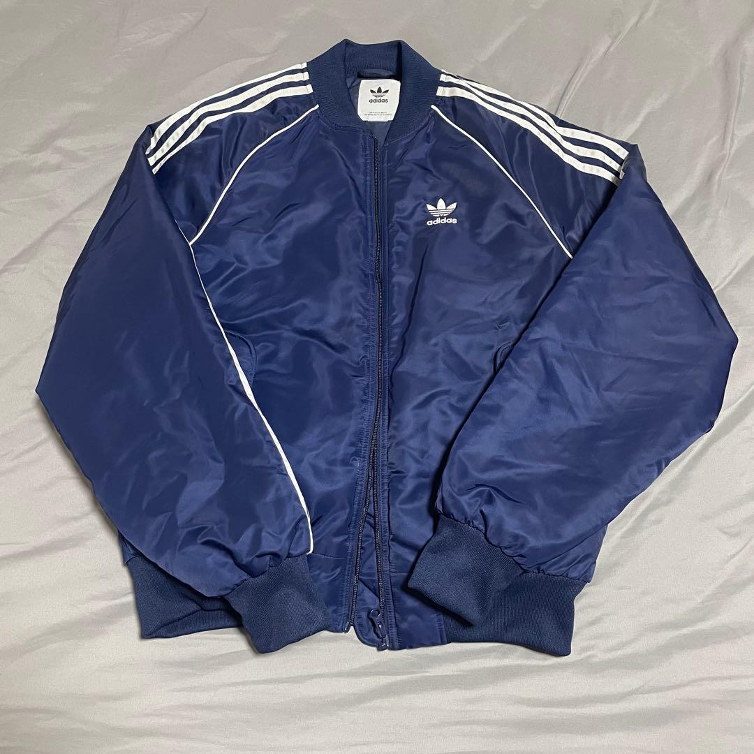 【美品】adidas MA-1ジャケット S ネイビー　トレフォイルロゴ　肉厚