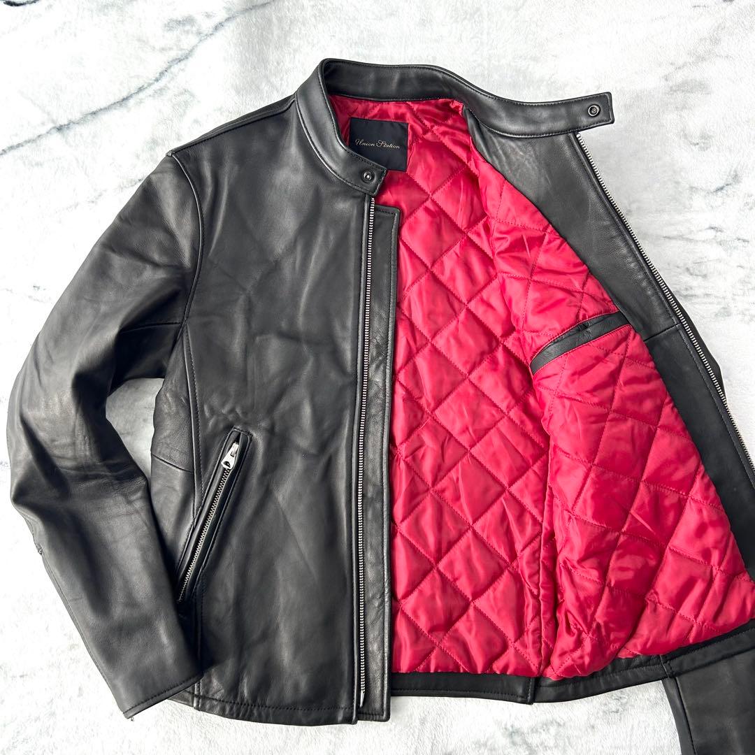 メンズビギ　ラムレザー　シングルライダース　キルティング　ダブルジップ　黒　赤