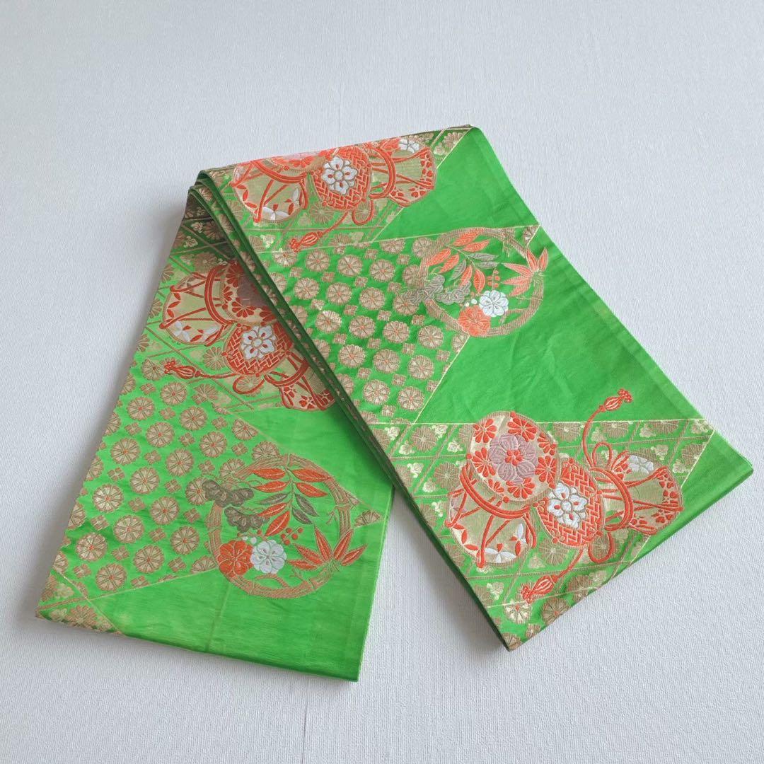 フルセット　七五三　７歳女の子　赤地梅毬　緑地袋帯　鼓　長襦袢付　小物7086