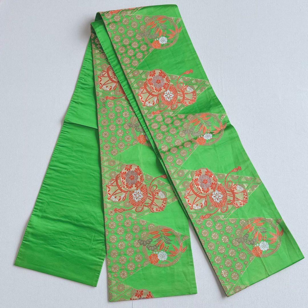 フルセット　七五三　７歳女の子　赤地梅毬　緑地袋帯　鼓　長襦袢付　小物7086