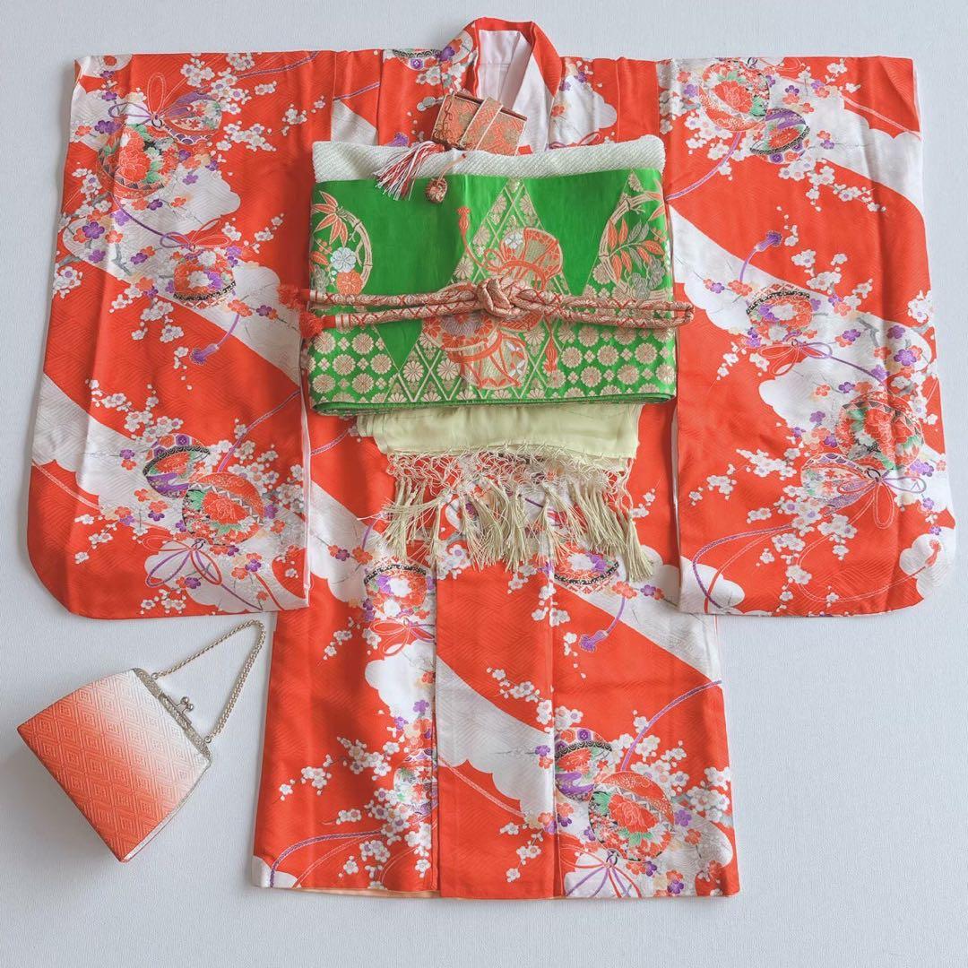 フルセット　七五三　７歳女の子　赤地梅毬　緑地袋帯　鼓　長襦袢付　小物7086