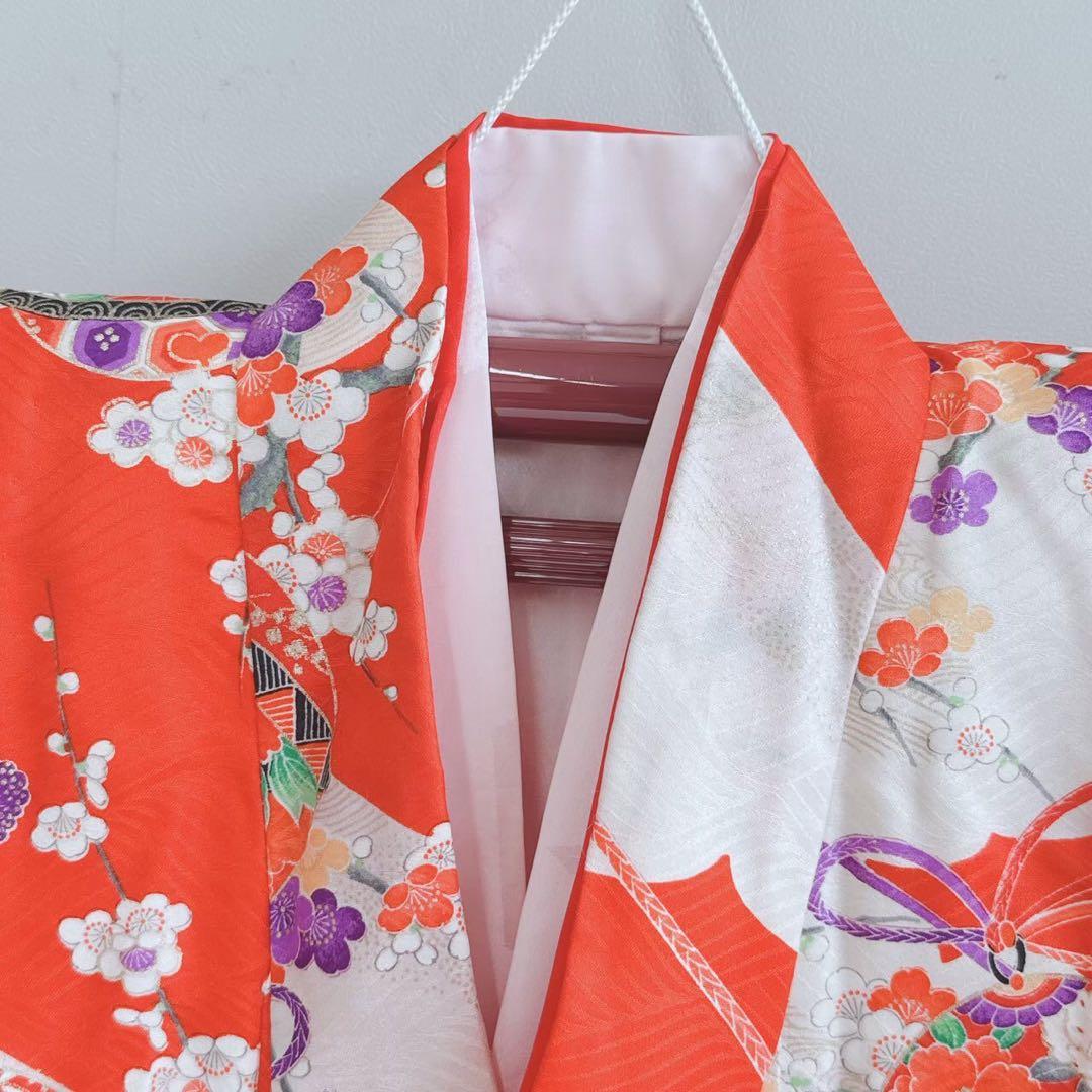 フルセット　七五三　７歳女の子　赤地梅毬　緑地袋帯　鼓　長襦袢付　小物7086