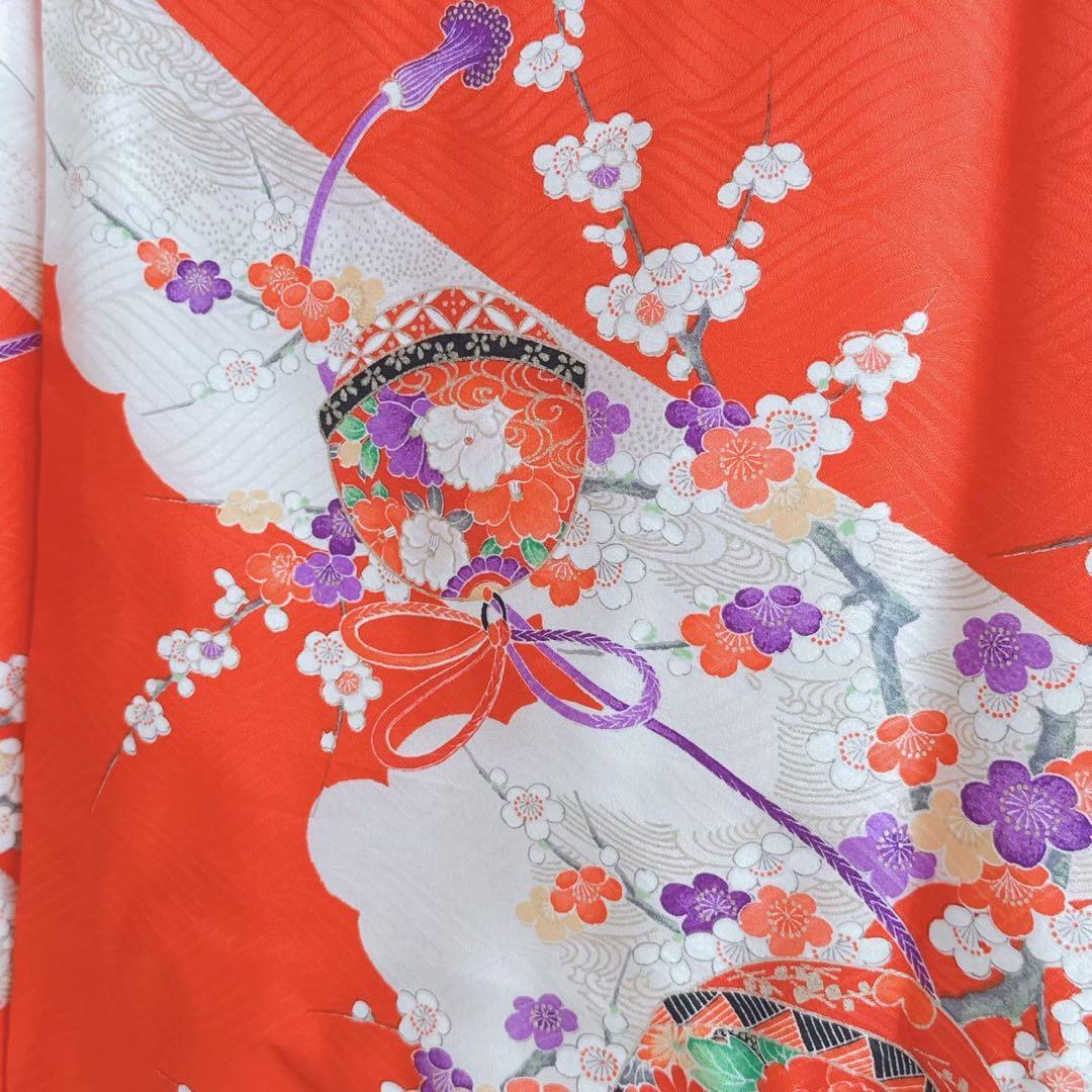 フルセット　七五三　７歳女の子　赤地梅毬　緑地袋帯　鼓　長襦袢付　小物7086