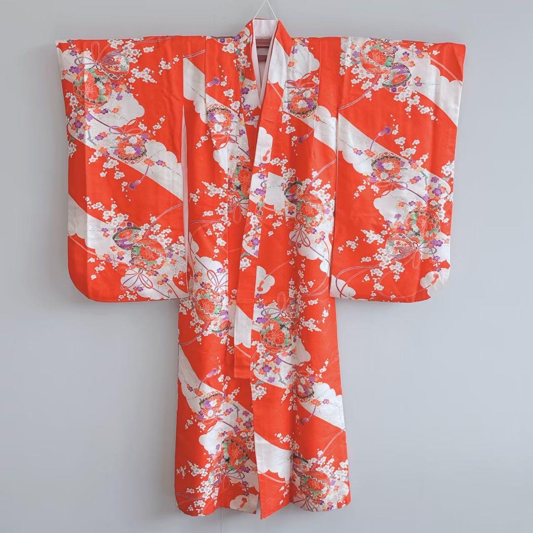 フルセット　七五三　７歳女の子　赤地梅毬　緑地袋帯　鼓　長襦袢付　小物7086