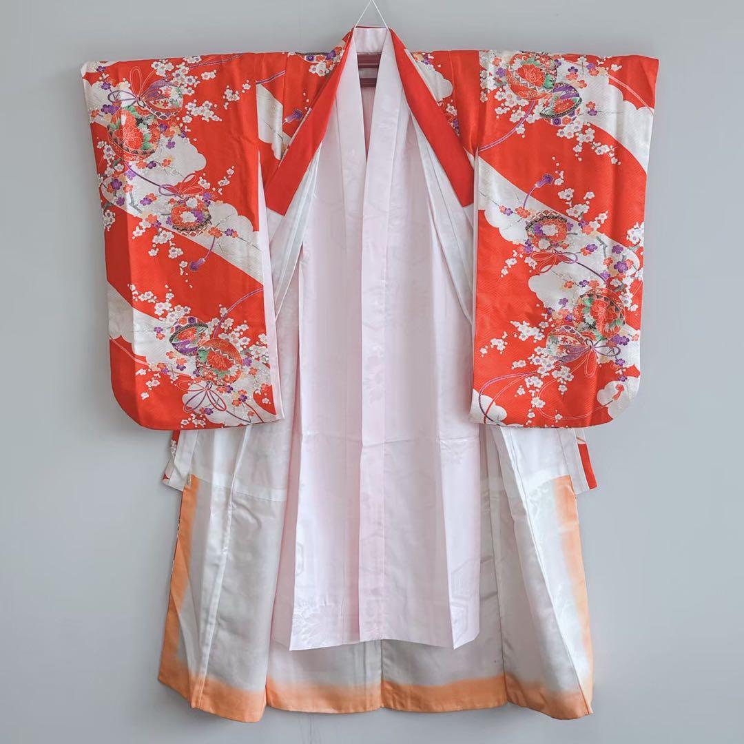 フルセット　七五三　７歳女の子　赤地梅毬　緑地袋帯　鼓　長襦袢付　小物7086