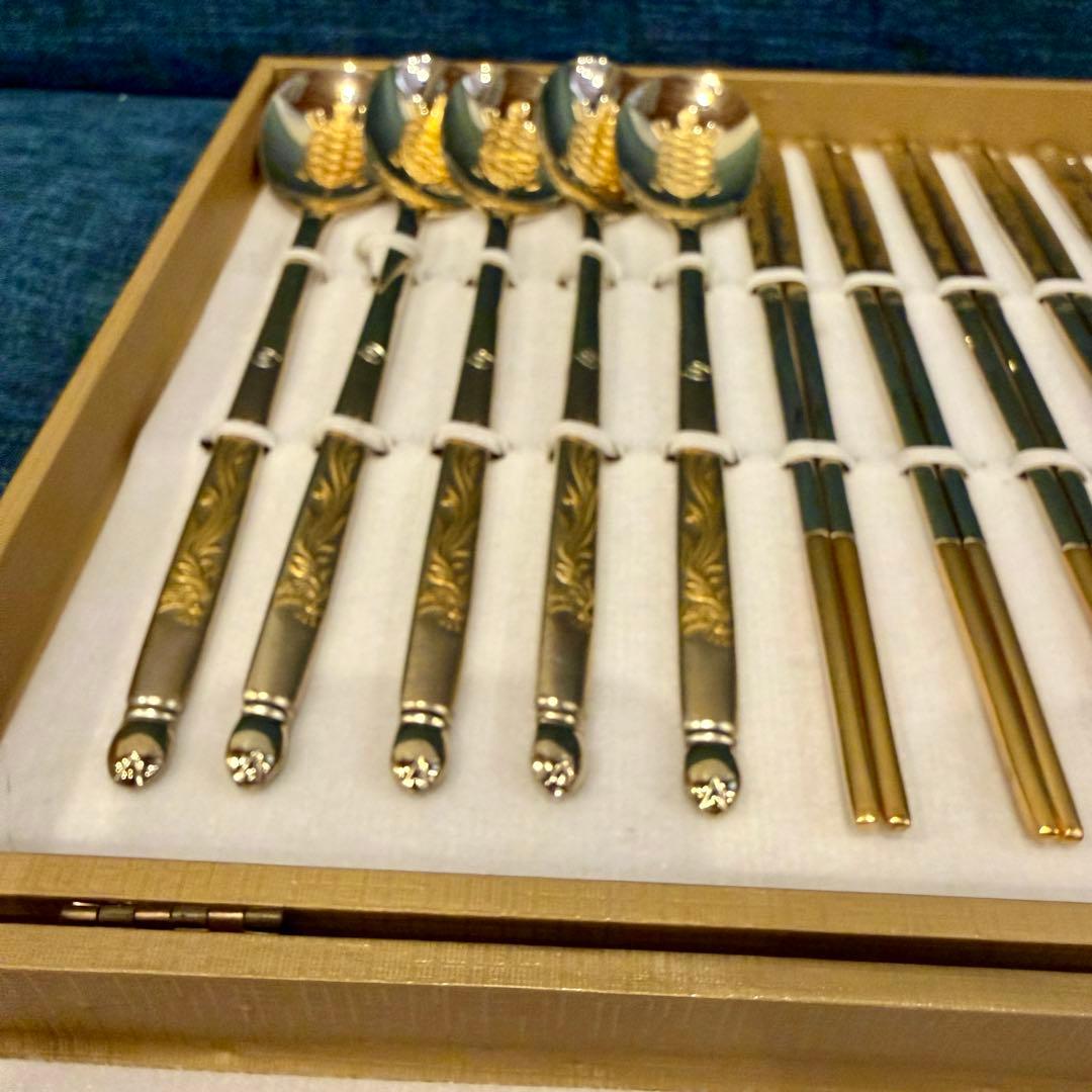 美品 Golden Bell 金装飾 カトラリー 箸5膳 スプーン5本 ゴールド