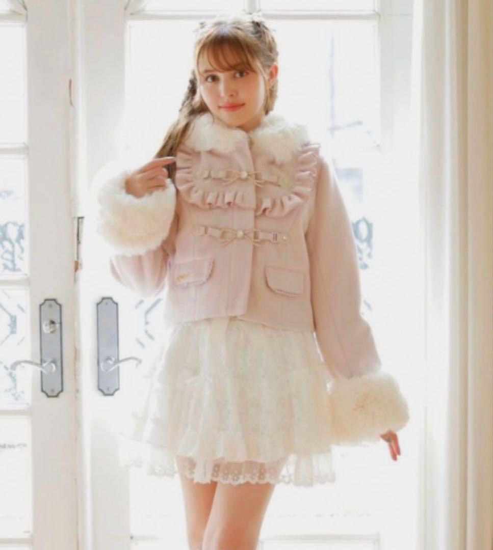 未使用級　LIZLISA ビジューリボンショートフードコートピンク フリーサイズ