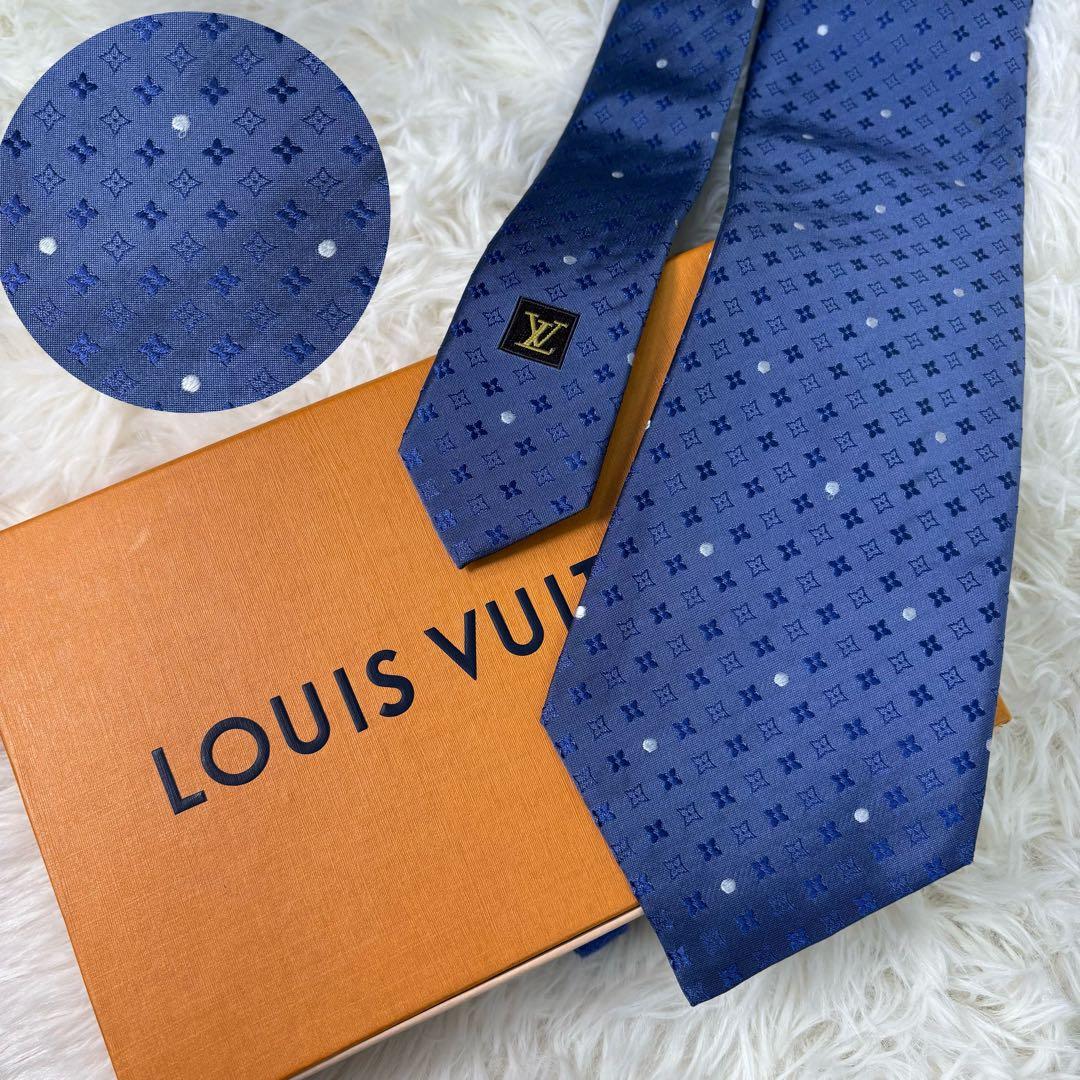 ルイヴィトン モノグラム ジャガード 現行 ドット シルク ネクタイ ブルー