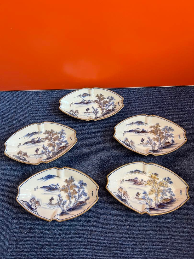 1277  九谷焼　染付山水風景図　皿　5客　時代物
