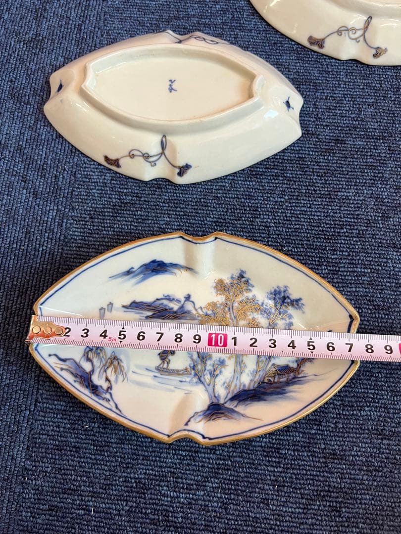 1277  九谷焼　染付山水風景図　皿　5客　時代物