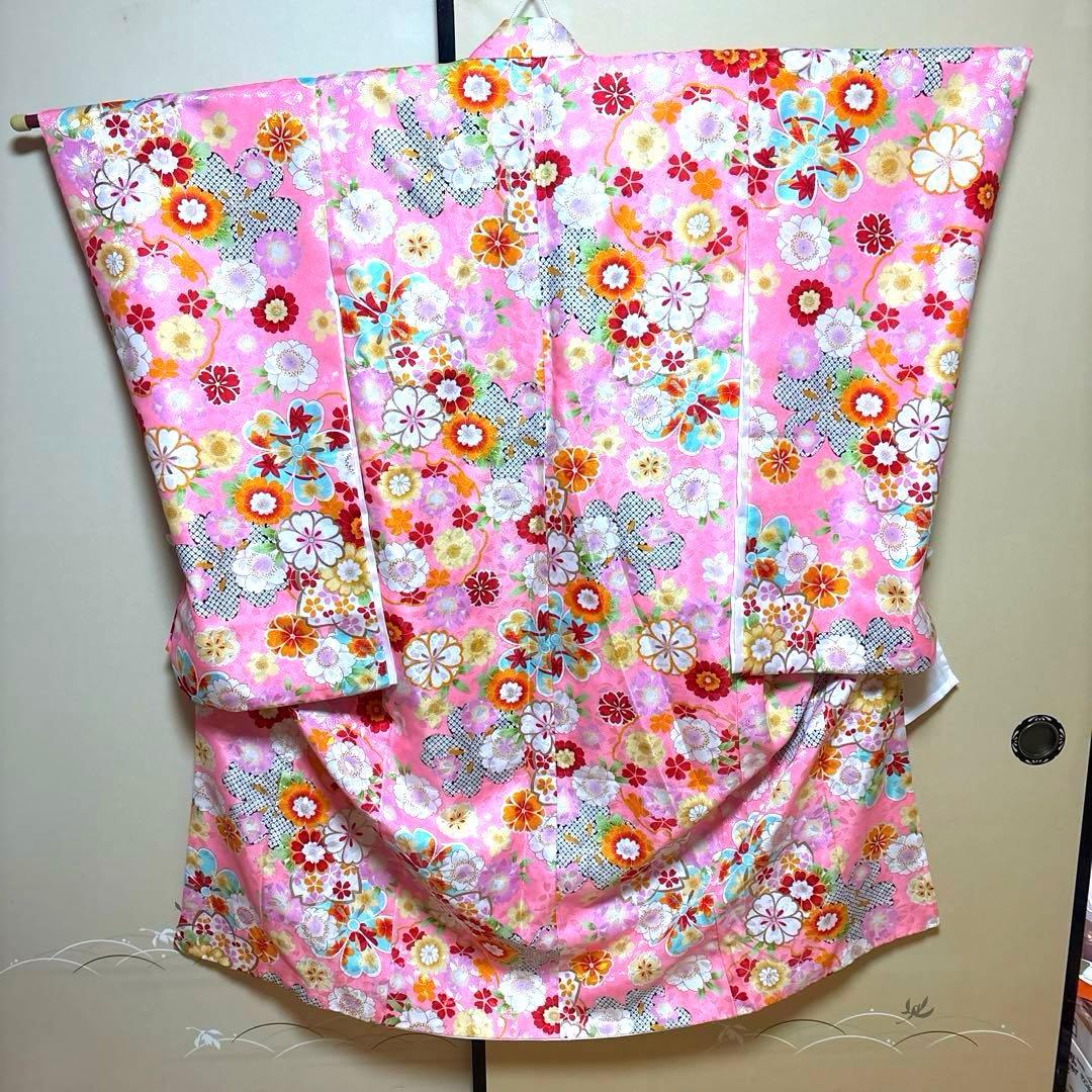 七五三　七歳ピンク花柄着物襦袢セット