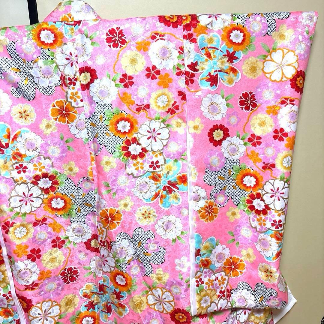 七五三　七歳ピンク花柄着物襦袢セット