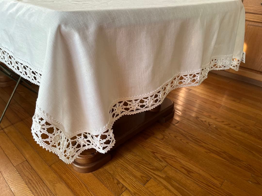 希少　新品未使用　テーブルクロス　リネン　レース　ハンドメイド　近沢レース