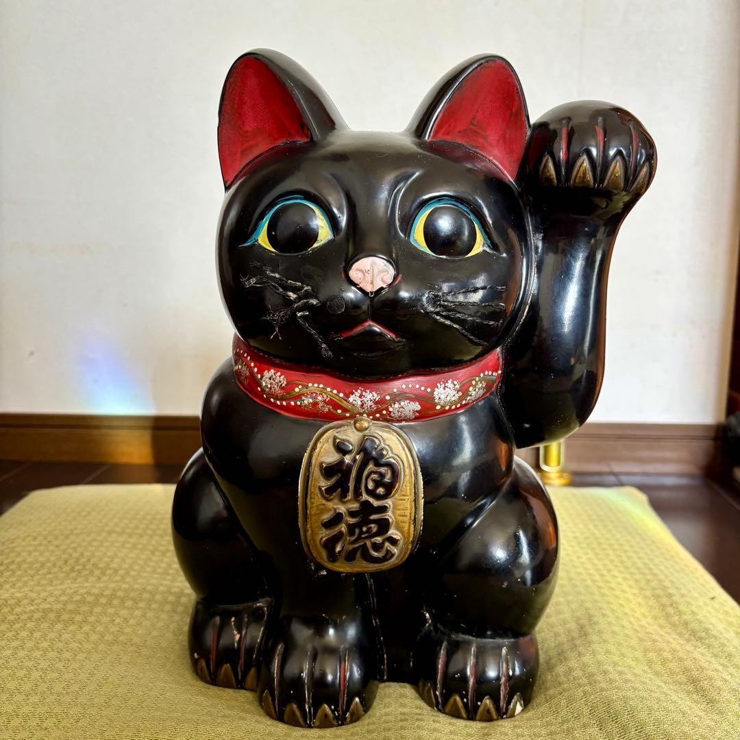 昭和レトロ　黒猫招き猫 左手上げ　ヴィンテージ　大きめサイズ