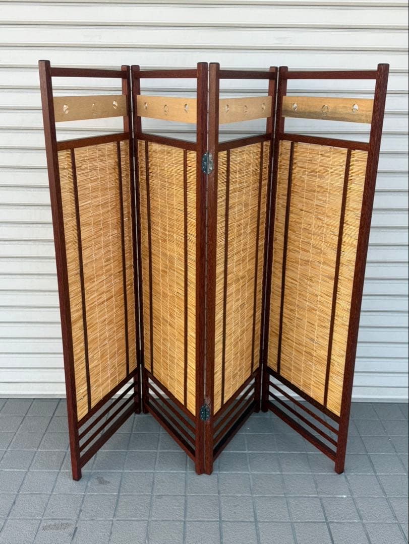 【送料込み】昭和レトロ　4連パーテーション　間仕切り　屏風　衝立　木製
