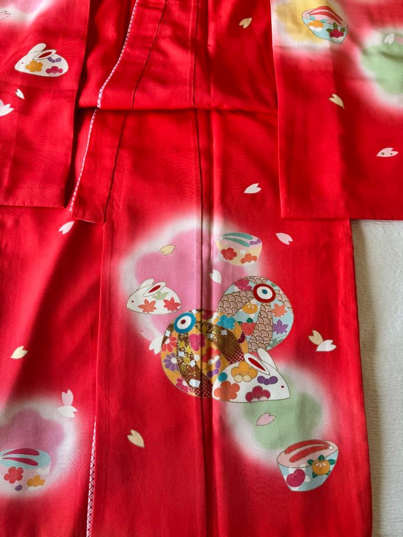 七五三に★正絹手書き友禅　うさぎに紙風船　7歳着物フルセット