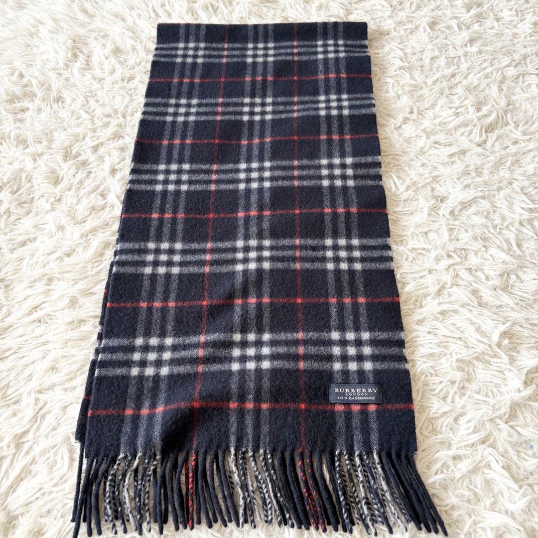 【美品】BURBERRY カシミヤマフラー ダークノバチェック ネイビー英国製