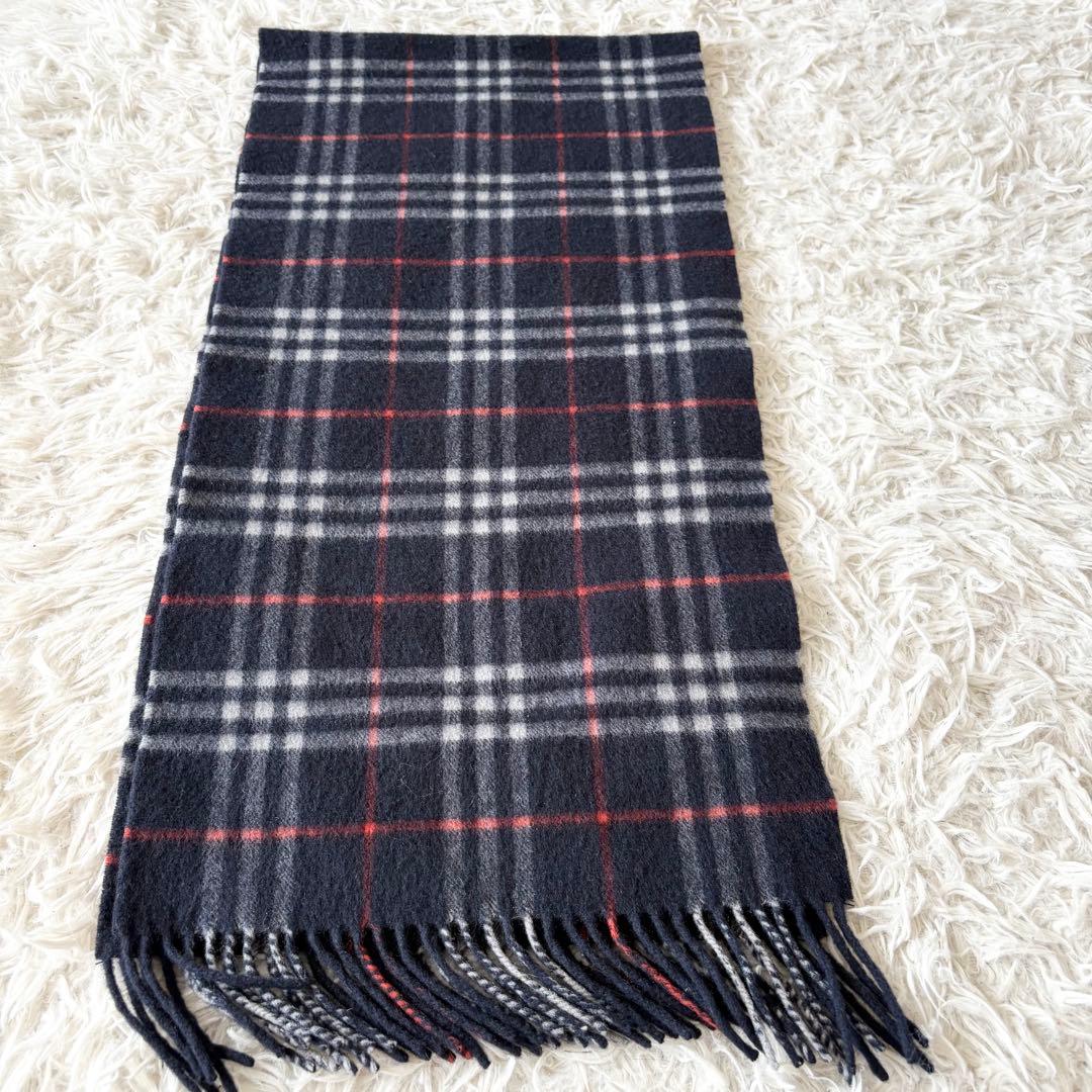 【美品】BURBERRY カシミヤマフラー ダークノバチェック ネイビー英国製