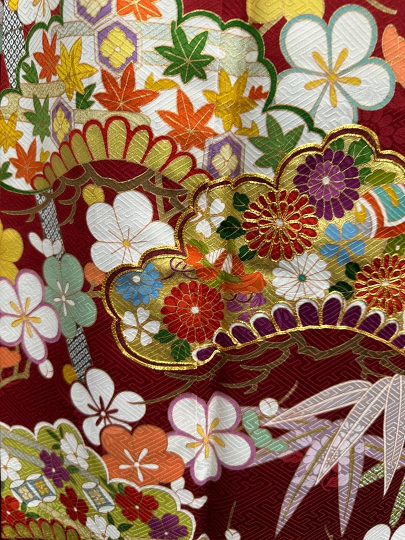 たんぽぽ久保耕 京友禅 赤地 松竹梅 振り口付き振袖 袋帯 フルセット