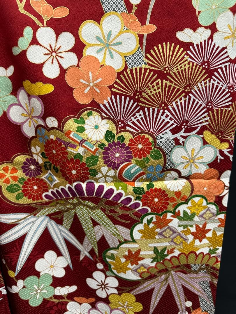 たんぽぽ久保耕 京友禅 赤地 松竹梅 振り口付き振袖 袋帯 フルセット