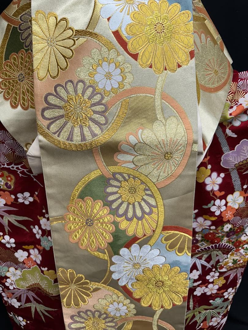 たんぽぽ久保耕 京友禅 赤地 松竹梅 振り口付き振袖 袋帯 フルセット