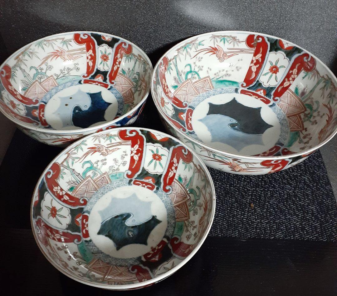 江戸時代末期～明治時代　古伊万里　錦手　竹梅に鳳凰の図　大中小　３つ重鉢　無傷！