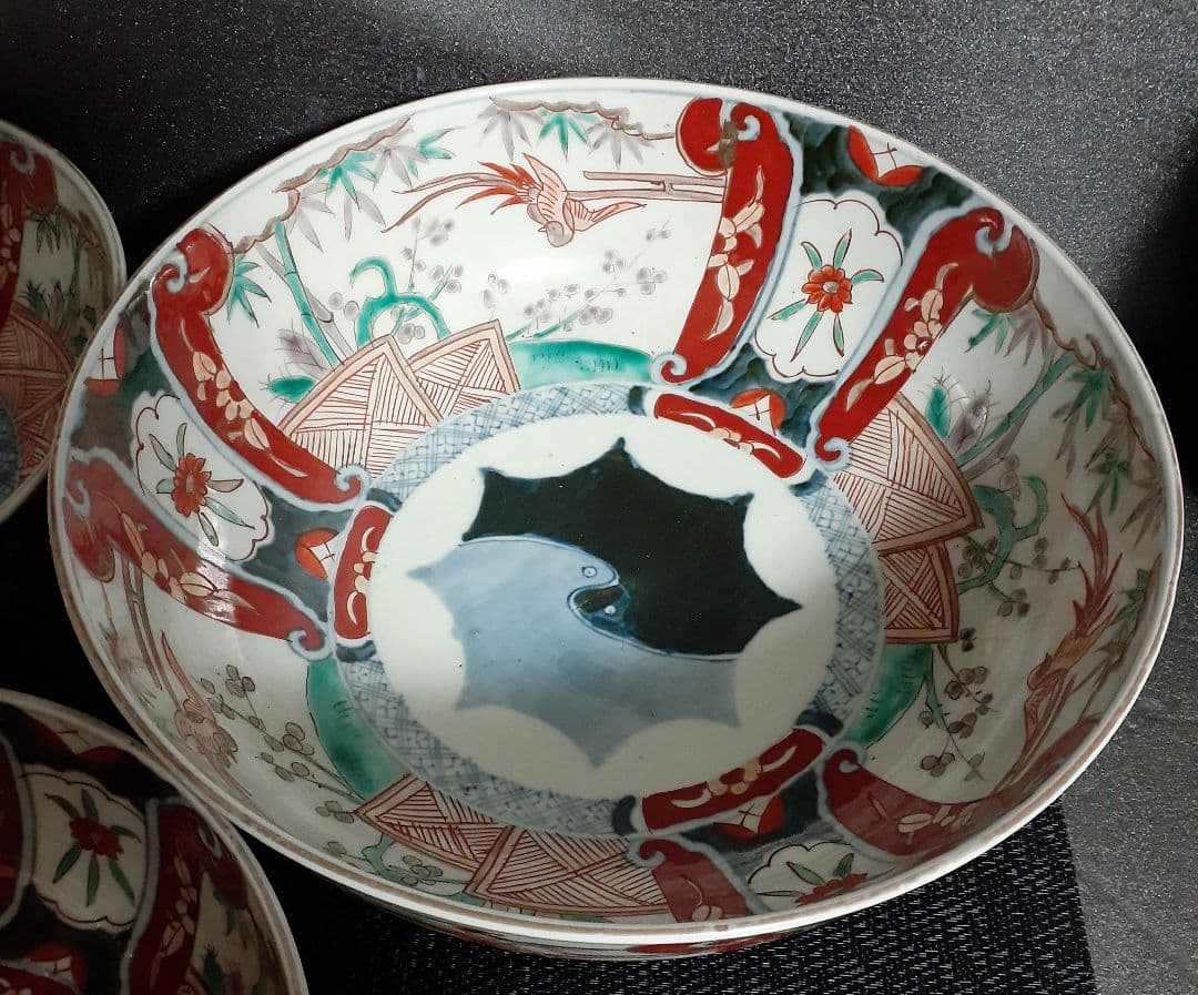 江戸時代末期～明治時代　古伊万里　錦手　竹梅に鳳凰の図　大中小　３つ重鉢　無傷！