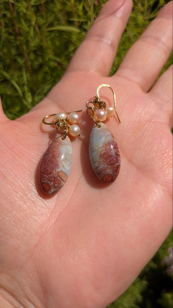 2way フォッシルコーラル＆淡水パール　 ピアス／イヤリング